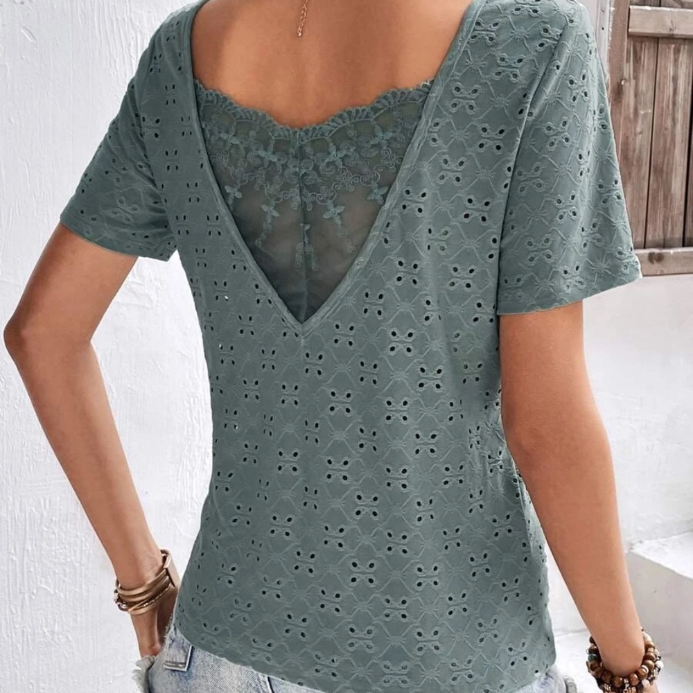 Boho Lace Eyelet Short Sleeve Top - Picture 7 of 11
